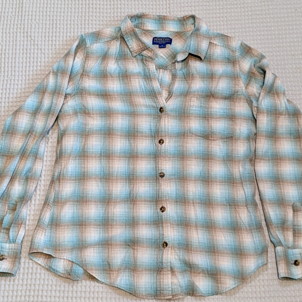 Pendleton Women’s Brushed Flannel Boyfriend Plaid Buttondown Shirt Cotton Teal S